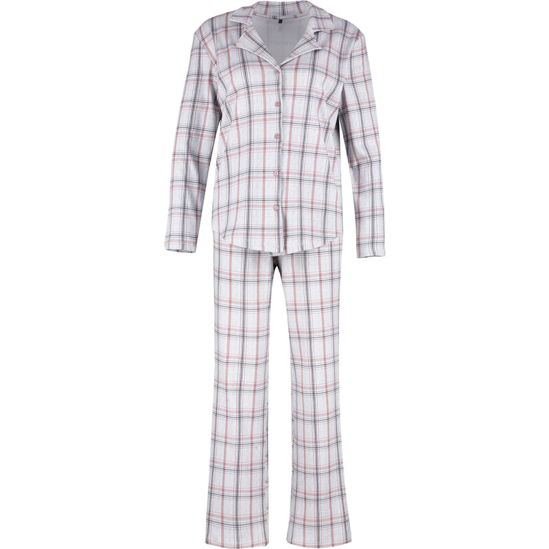 Trendyol Gray Multi Color 100% Cotton Brushed Plaid Shirt-Pants Knitted Pajamas Set