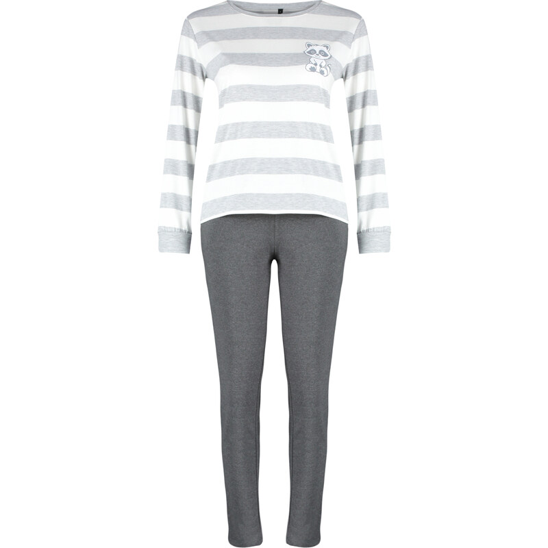 Trendyol Gray Striped Animal Print Tshirt-Pants and Knitted Pajamas Set