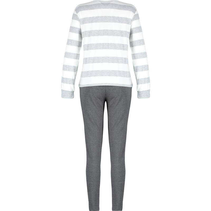 Trendyol Gray Striped Animal Print Tshirt-Pants and Knitted Pajamas Set