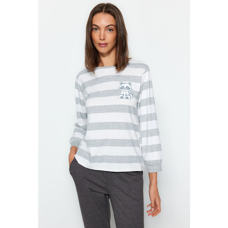 Trendyol Gray Striped Animal Print Tshirt-Pants and Knitted Pajamas Set