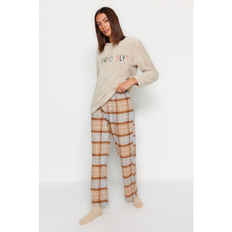 Trendyol Brown-Multicolor Premium Cotton Plaid Woven Pajama Bottoms