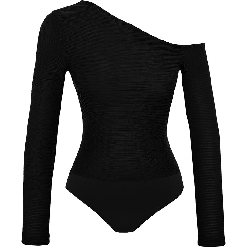Trendyol Black Jacquard Fitted Asymmetric Collar Knitted Bodysuit