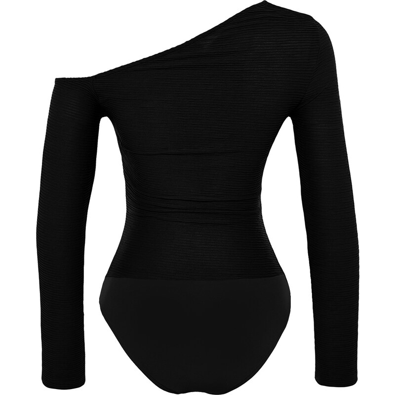 Trendyol Black Jacquard Fitted Asymmetric Collar Knitted Bodysuit