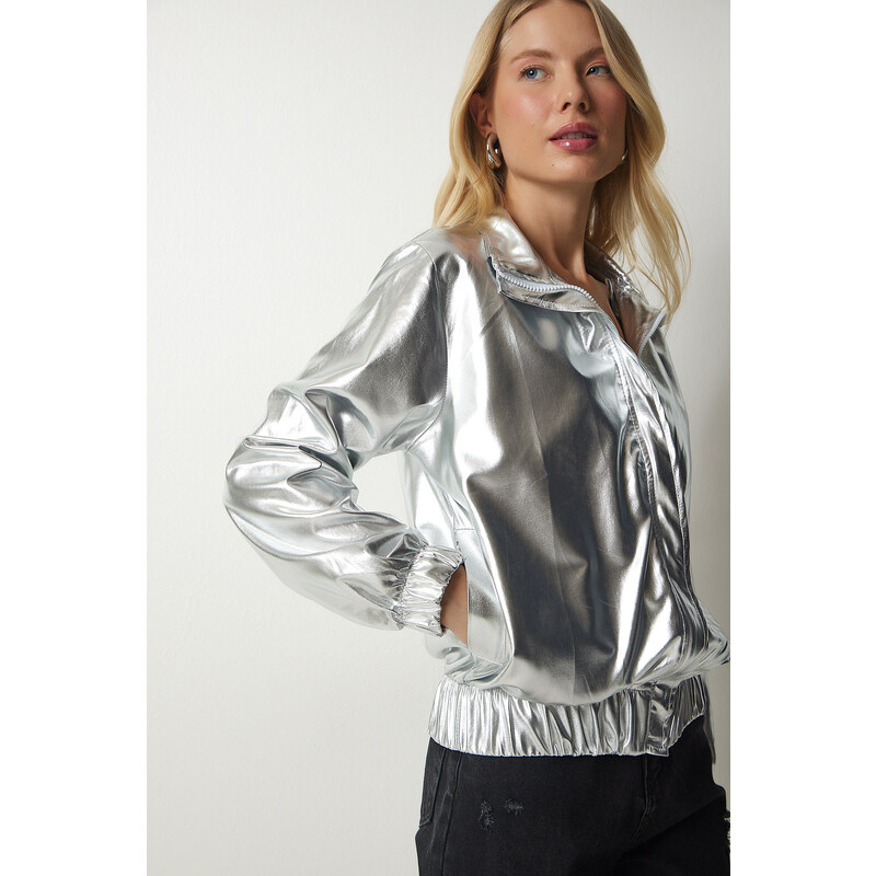 Happiness İstanbul Women's Metallic Gray Shiny Jacket with Pocket