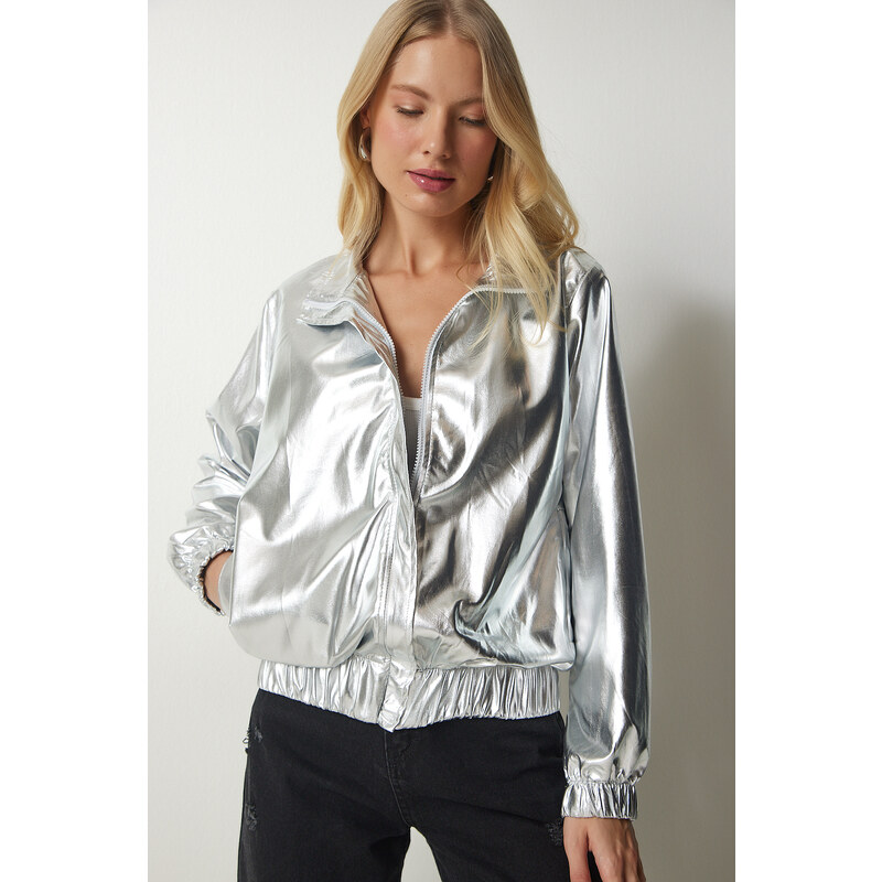 Happiness İstanbul Women's Metallic Gray Pocket Shiny Jacket