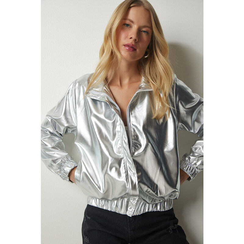 Happiness İstanbul Women's Metallic Gray Shiny Jacket with Pocket