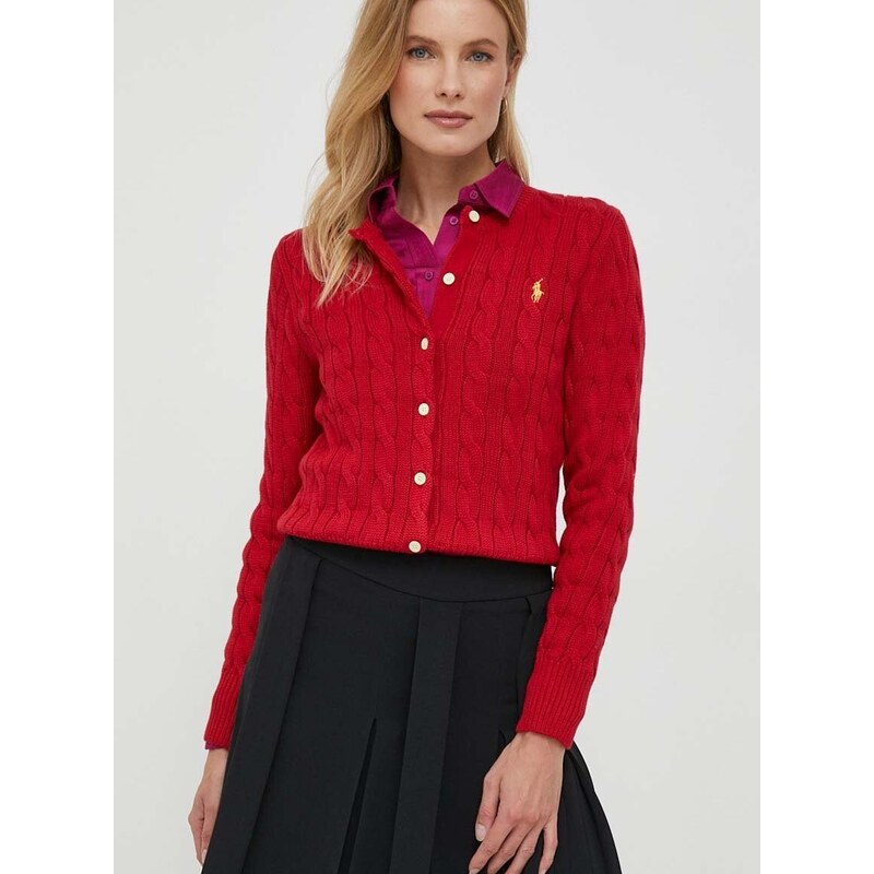 Bavlněný kardigan Polo Ralph Lauren červená barva, lehký