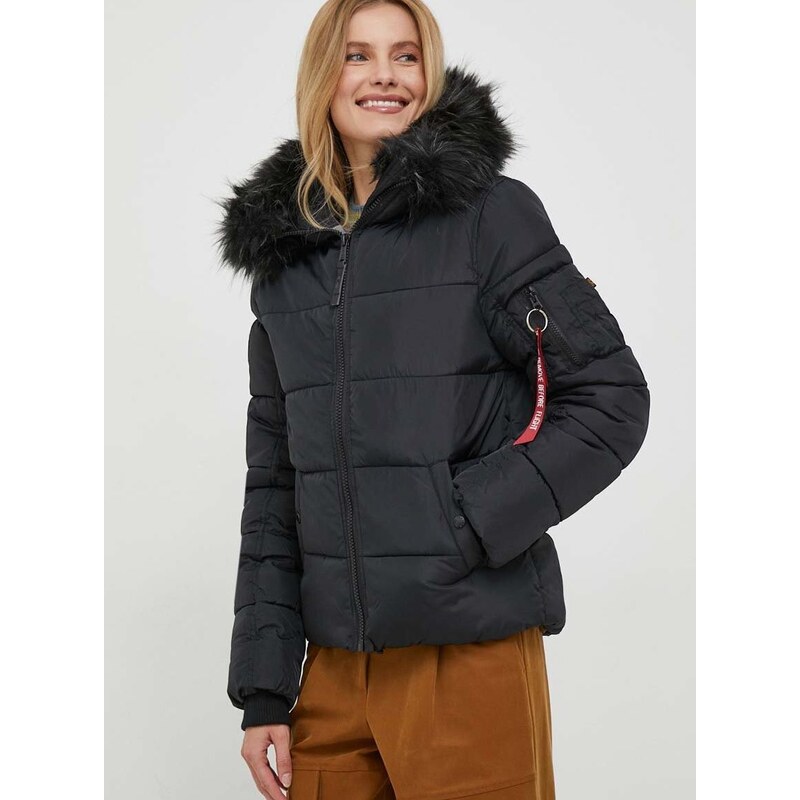 Bunda Alpha Industries Hooded Puffer Wmn dámská, černá barva, zimní