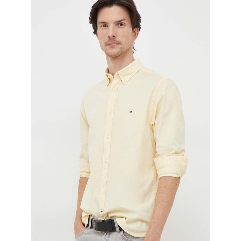 Košile Tommy Hilfiger pánská, žlutá barva, regular, s límečkem button-down