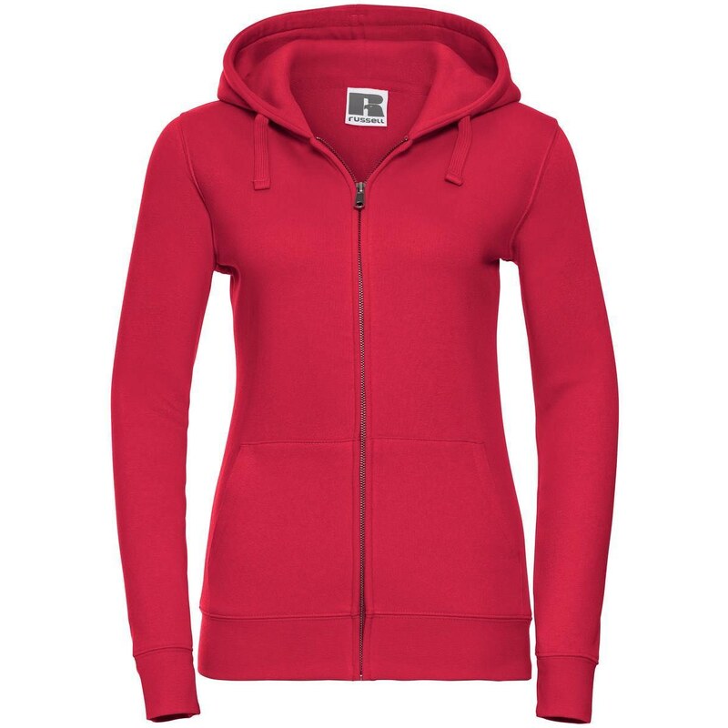 Red women's sweatshirt with hood and zipper Authentic Russell