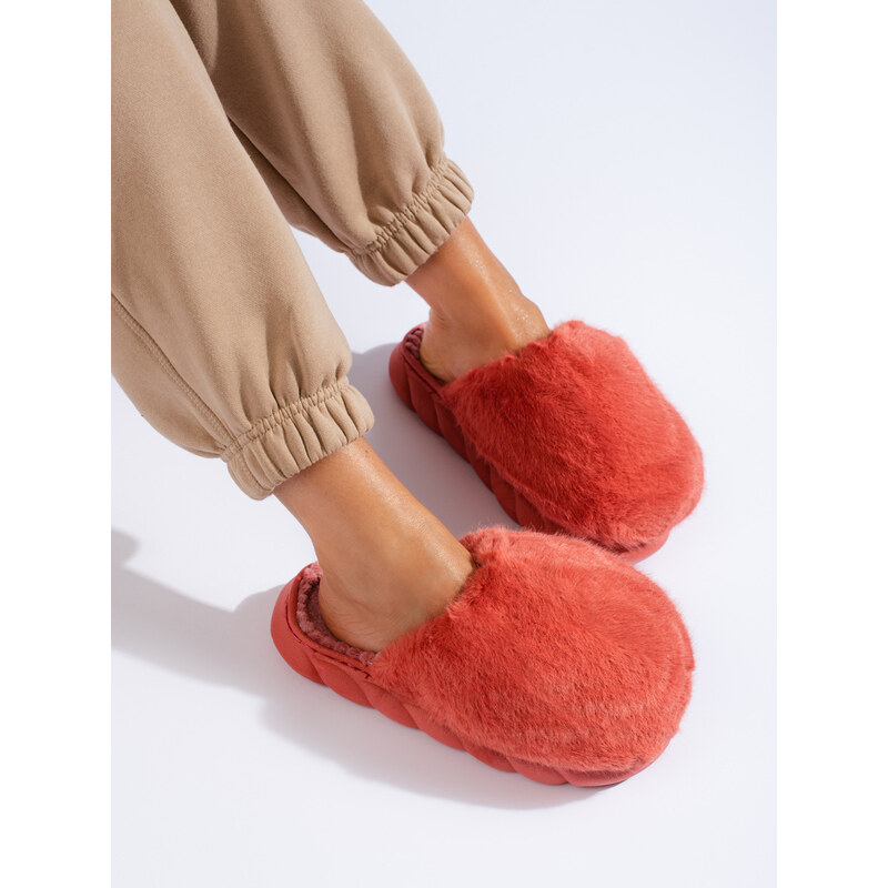 Women's Red Fur Slippers With Thick Sole Shelvt