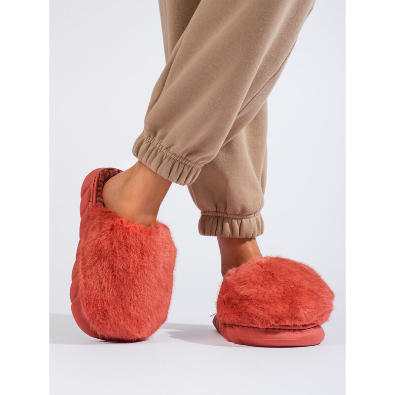 Women's Red Fur Slippers With Thick Sole Shelvt