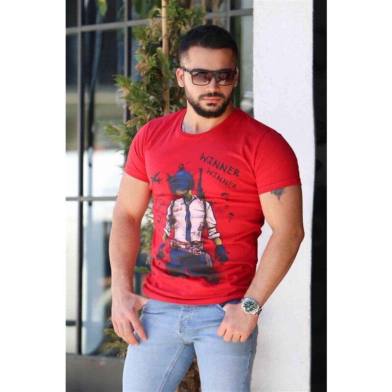 Madmext Printed Claret Red T-Shirt 4028