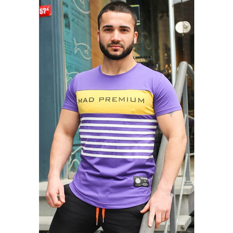 Madmext Line Detail Printed Purple T-Shirt 3041