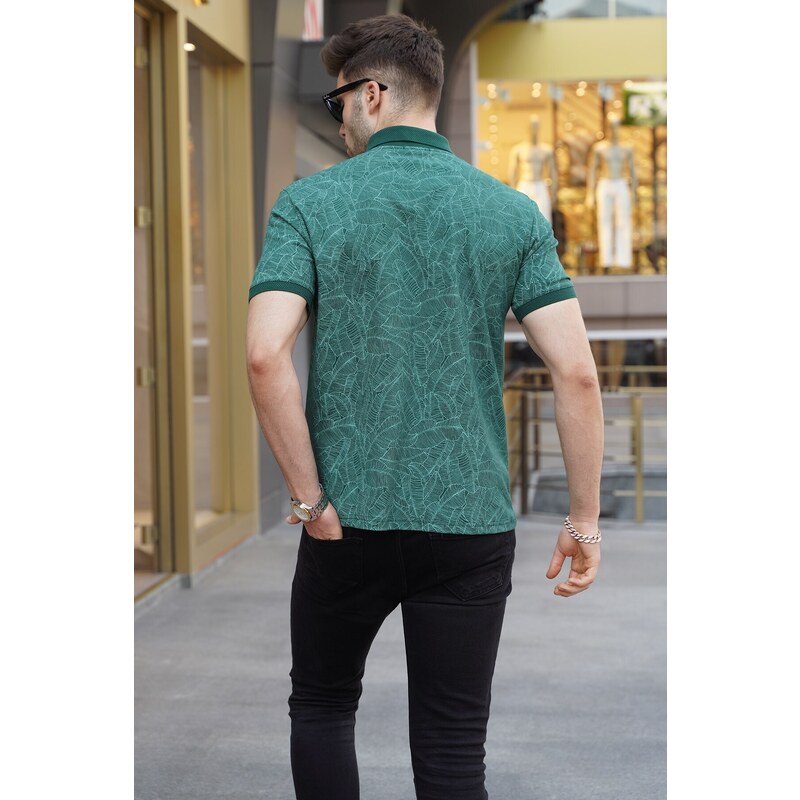 Madmext Dark Green Patterned Polo Neck T-Shirt 5876