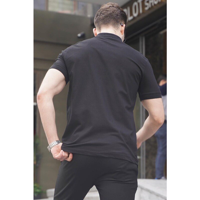 Madmext Black Patterned Polo Neck Men's T-Shirt 6106