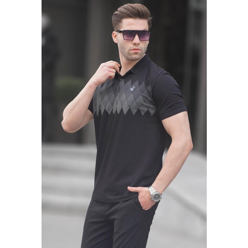 Madmext Black Patterned Polo Neck Men's T-Shirt 6106