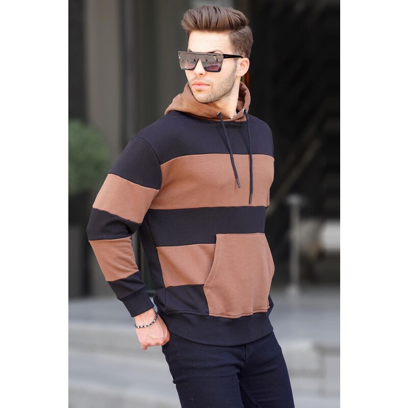 Madmext Black Hooded Striped Men's Sweatshirt 6144