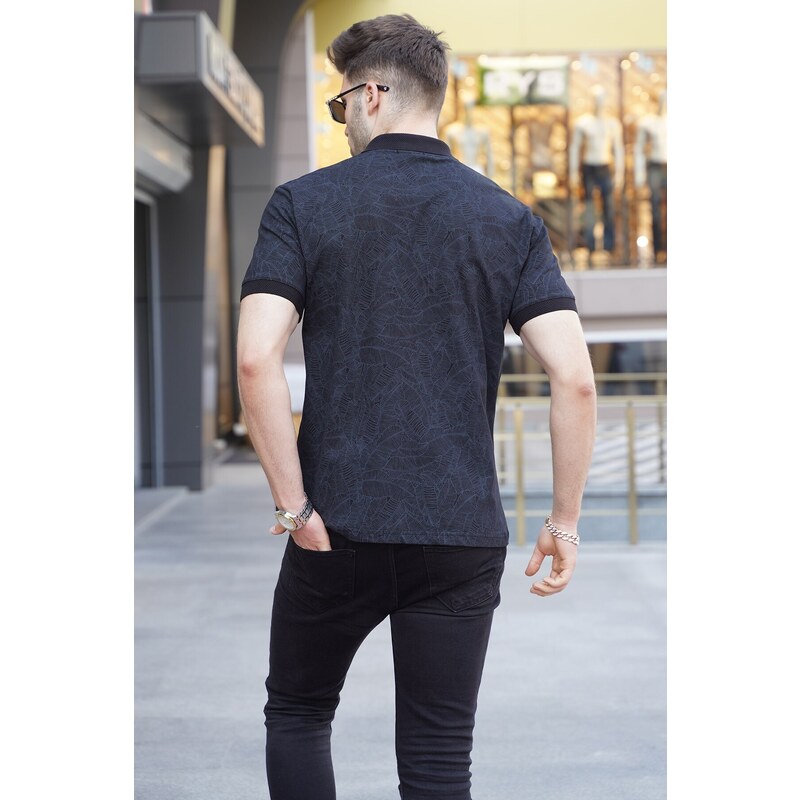 Madmext Black Patterned Polo Neck T-Shirt 5876