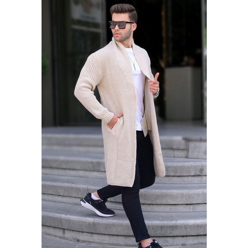 Madmext Stone Color Standing Collar Long Knitwear Cardigan with Pocket 6816