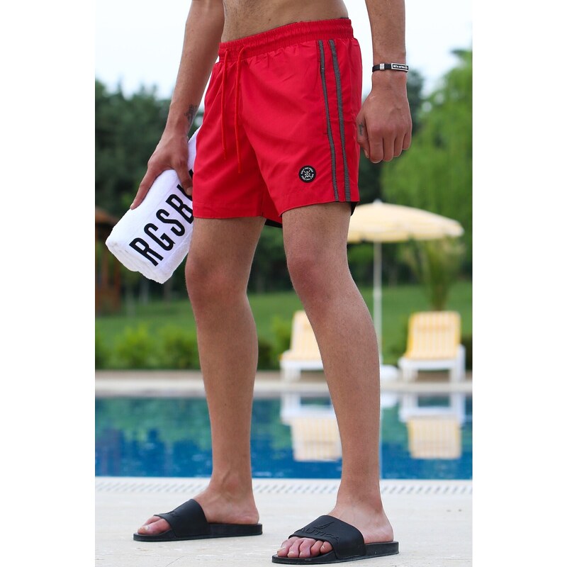 Madmext Claret Red Swimming Trunks with Side Stripes and Stripes 2943