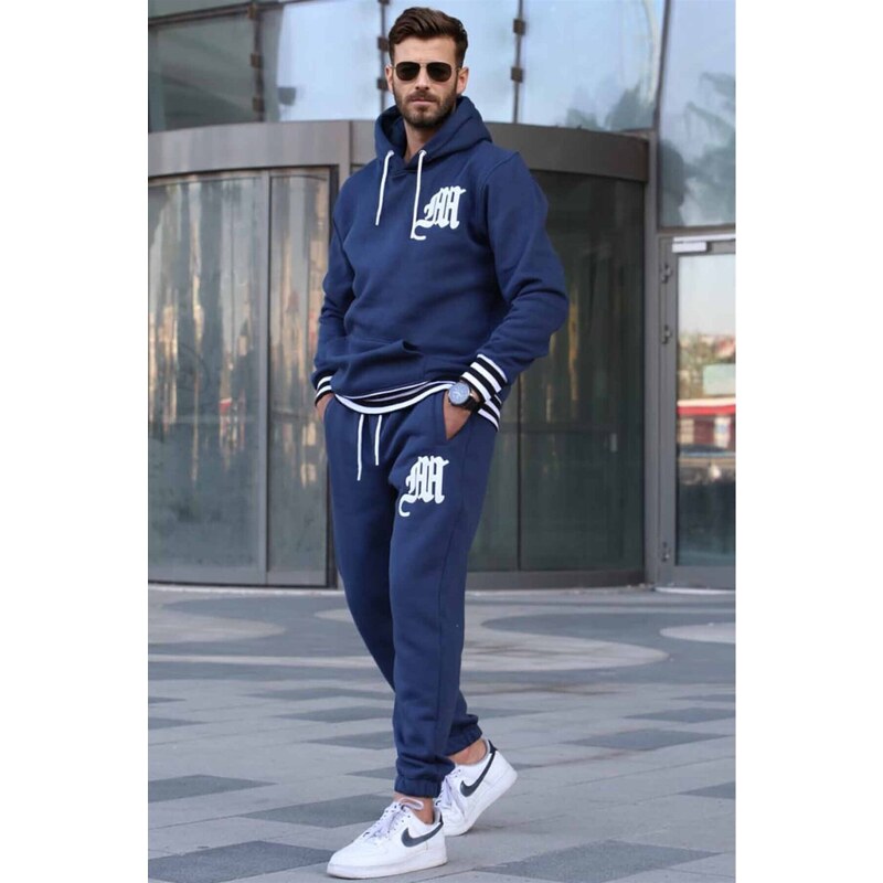 Madmext Navy Blue Printed Hoodie and Tracksuit Set 5909