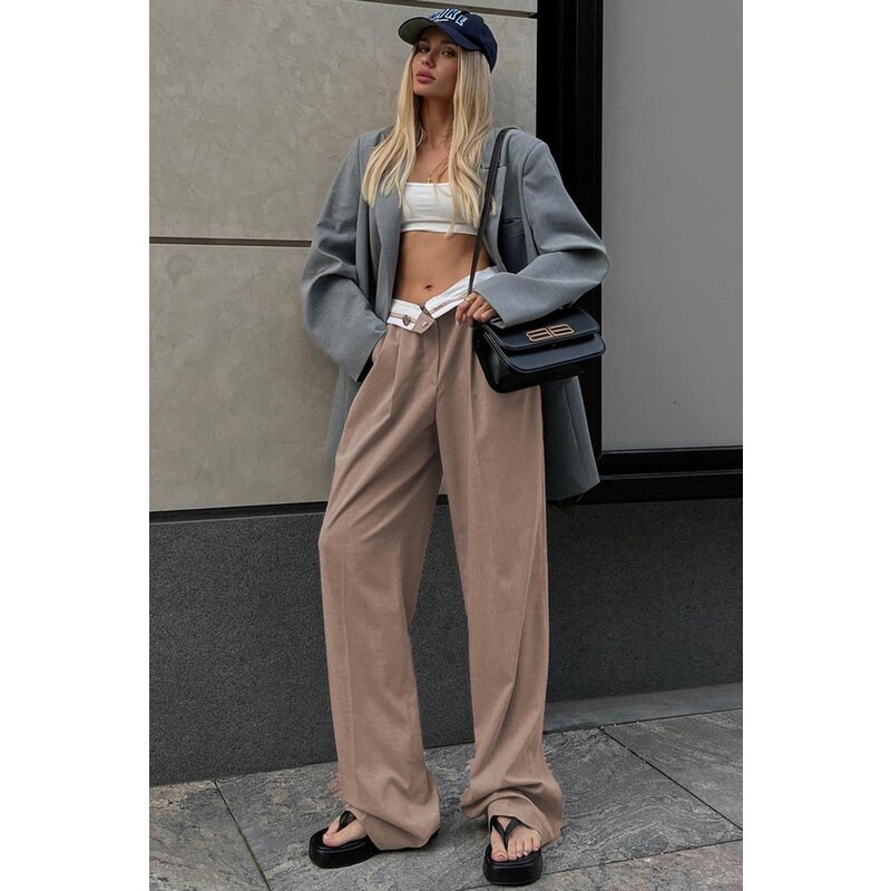 Madmext Mink Belt Detailed Wide Leg Trousers