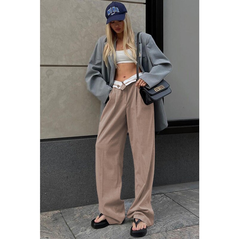 Madmext Mink Belt Detailed Wide Leg Trousers