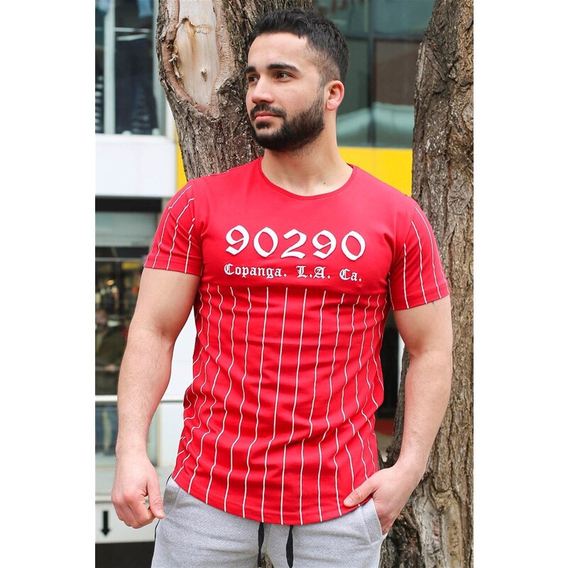 Madmext Crew Neck Stripe Detailed Red T-Shirt 2863