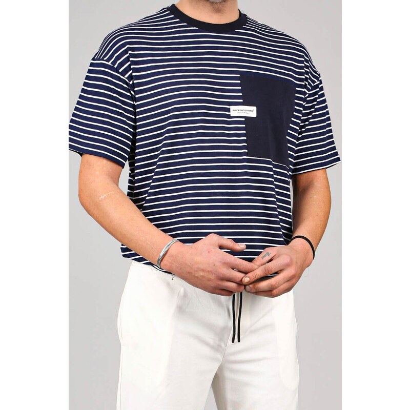 Madmext Men's Navy Blue Striped Patched T-Shirt 6085