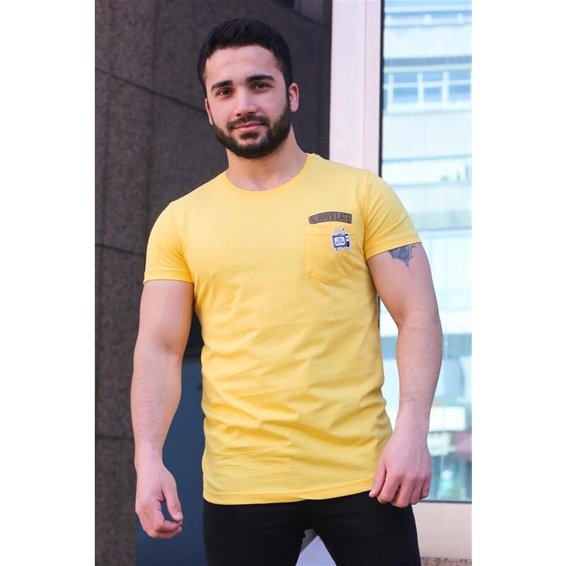 Madmext Crest Detailed Yellow T-Shirt 3025