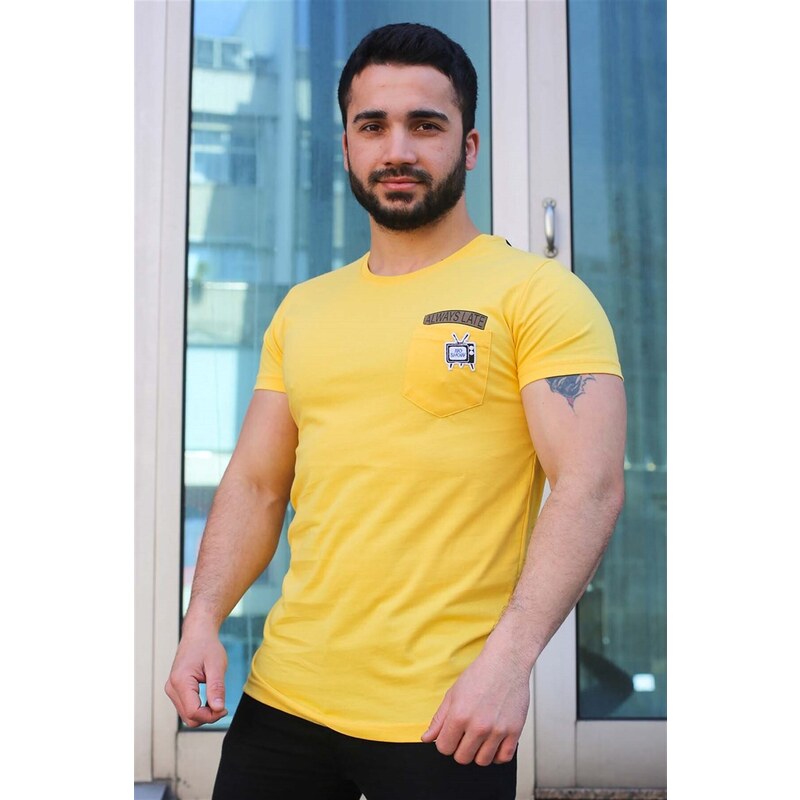 Madmext Crest Detailed Yellow T-Shirt 3025