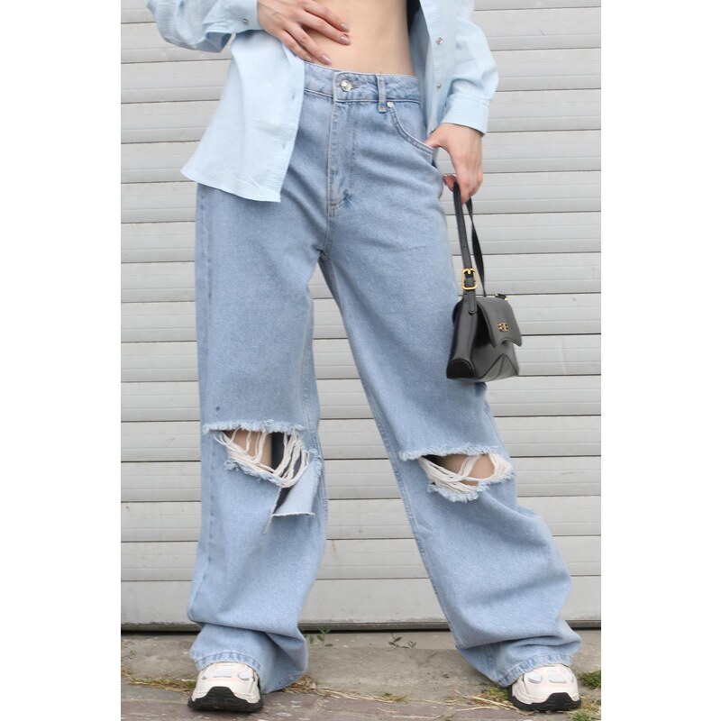 Madmext Blue Regular Fit Dámské Ripped Detailní Jean
