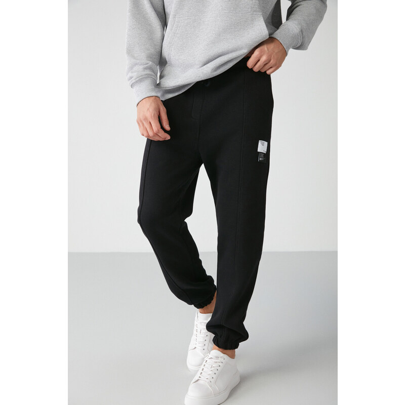 GRIMELANGE Rowan Men's Decorative Labels Ribbed Front Elastic Elastic Fleece Black Sweatpants