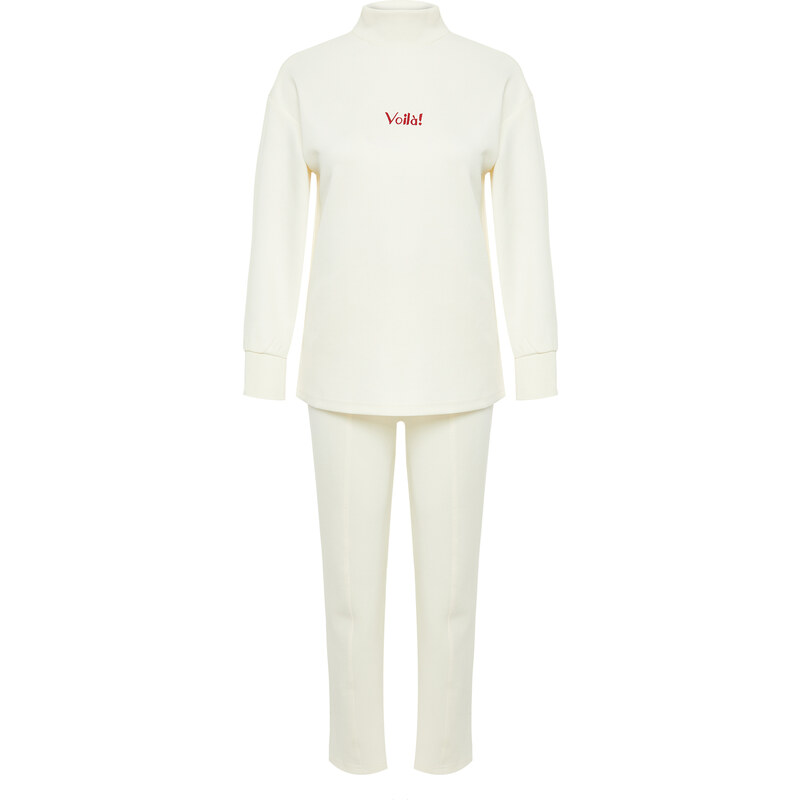 Trendyol Beige Diver/Scuba Knitted Tracksuit Set With Embroidery