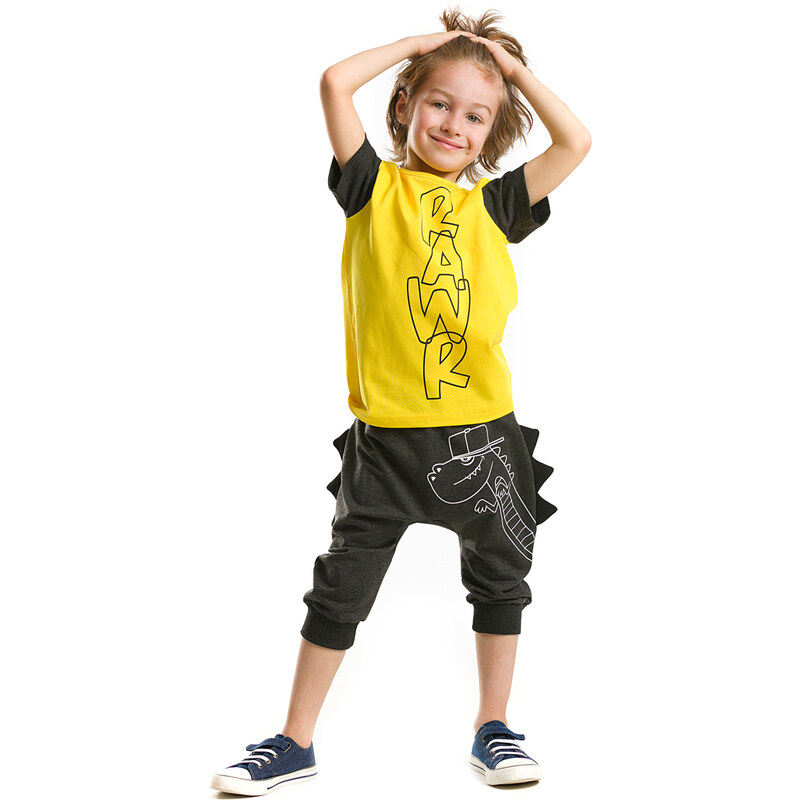 Denokids Ribbed Rawr Boys T-shirt Capri Shorts Set