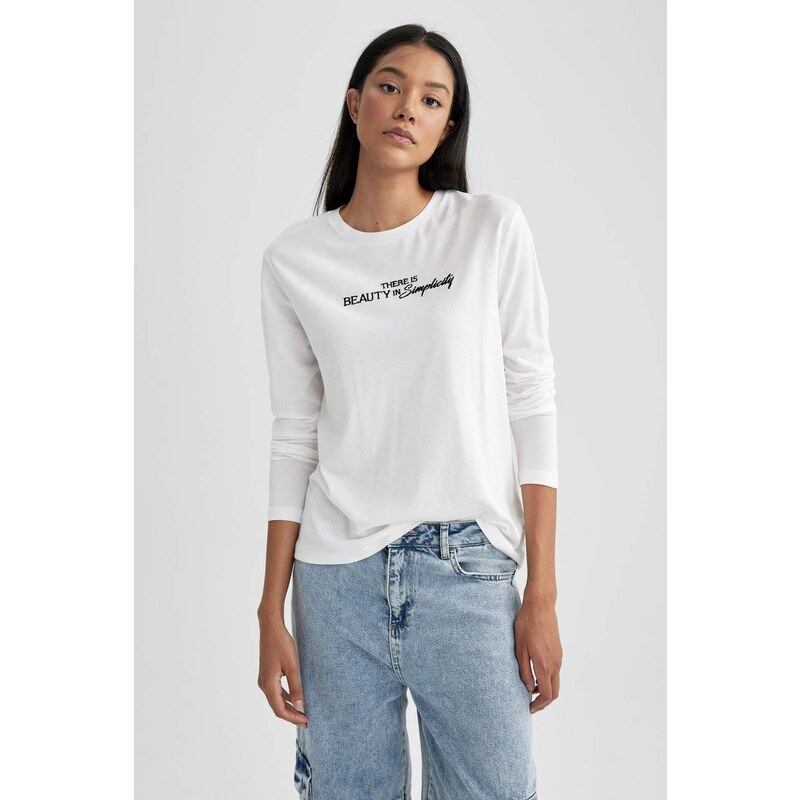 DEFACTO Regular Fit Crew Neck Slogan modal Long Sleeve T-Shirt