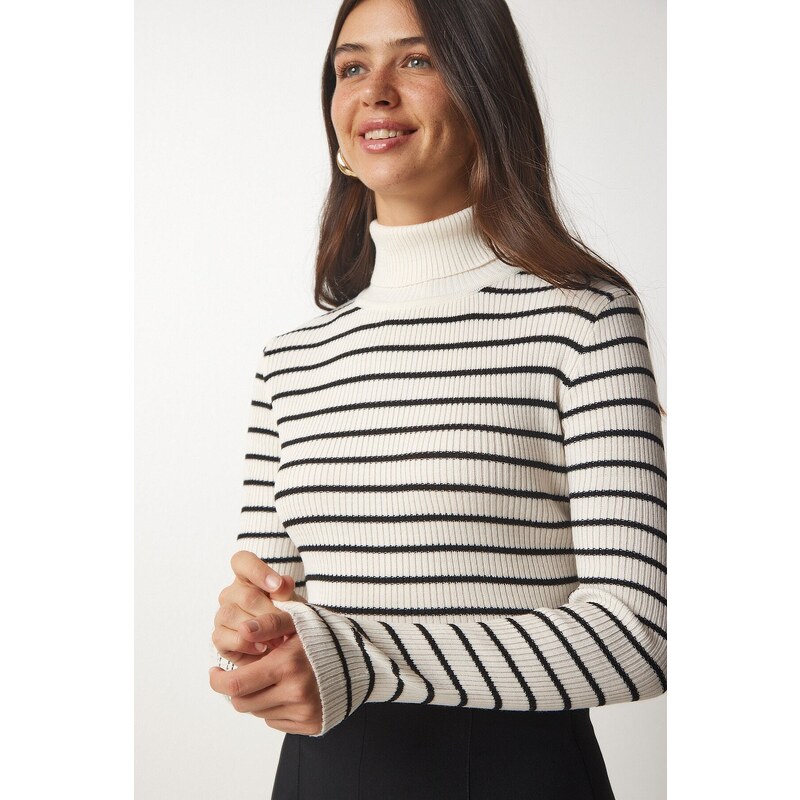 Happiness İstanbul Women's Cream Striped Turtleneck Knitwear Sweater