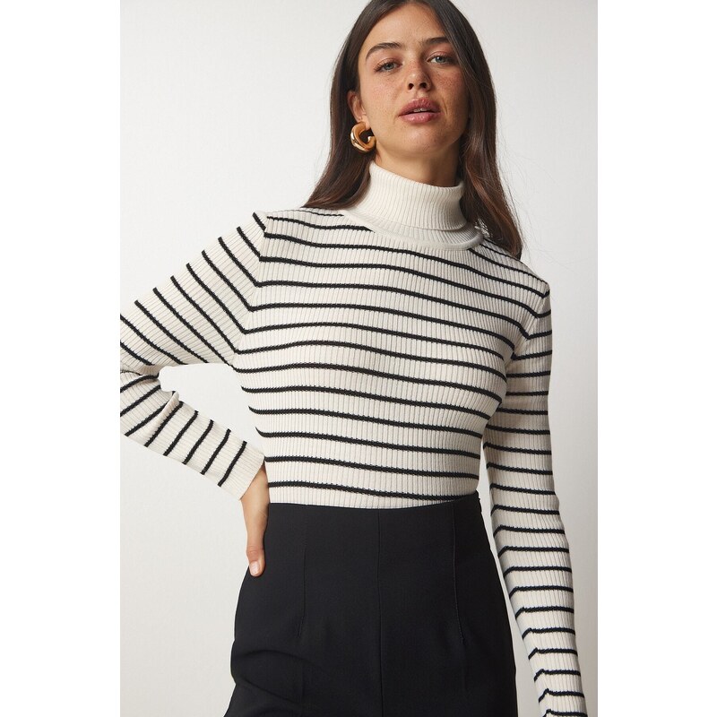 Happiness İstanbul Women's Cream Striped Turtleneck Knitwear Sweater