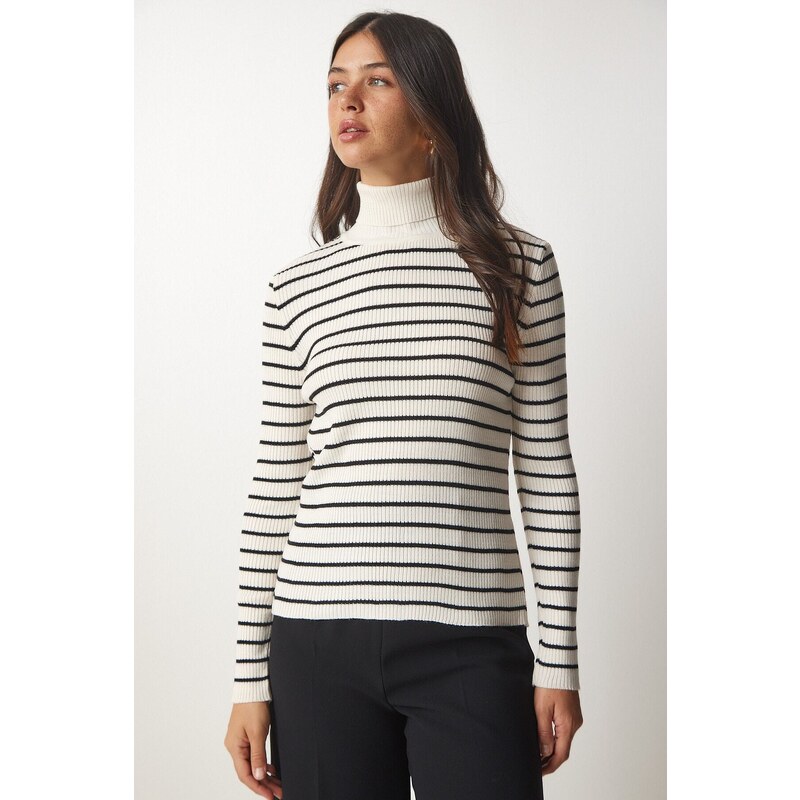 Happiness İstanbul Women's Cream Striped Turtleneck Knitwear Sweater