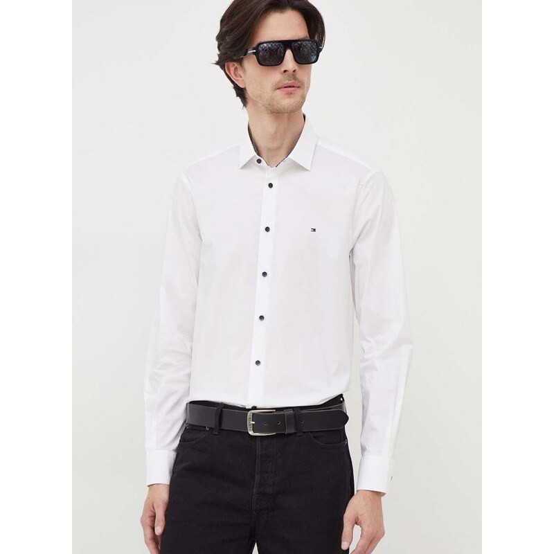 Košile Tommy Hilfiger pánská, bílá barva, slim, s italským límcem