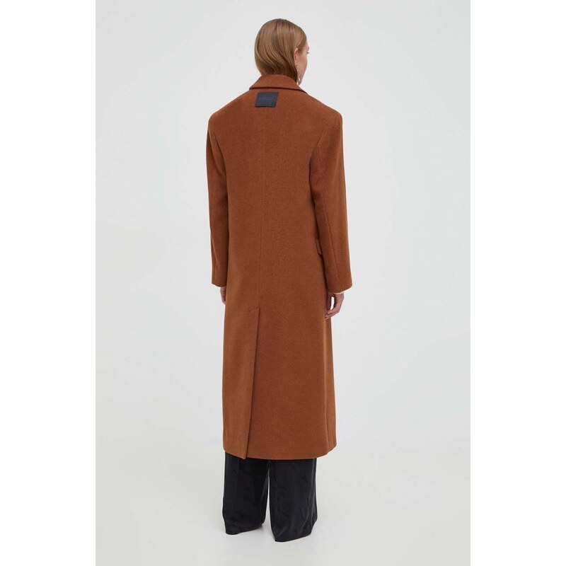 Vlněný kabát HUGO hnědá barva, přechodný, dvouřadový