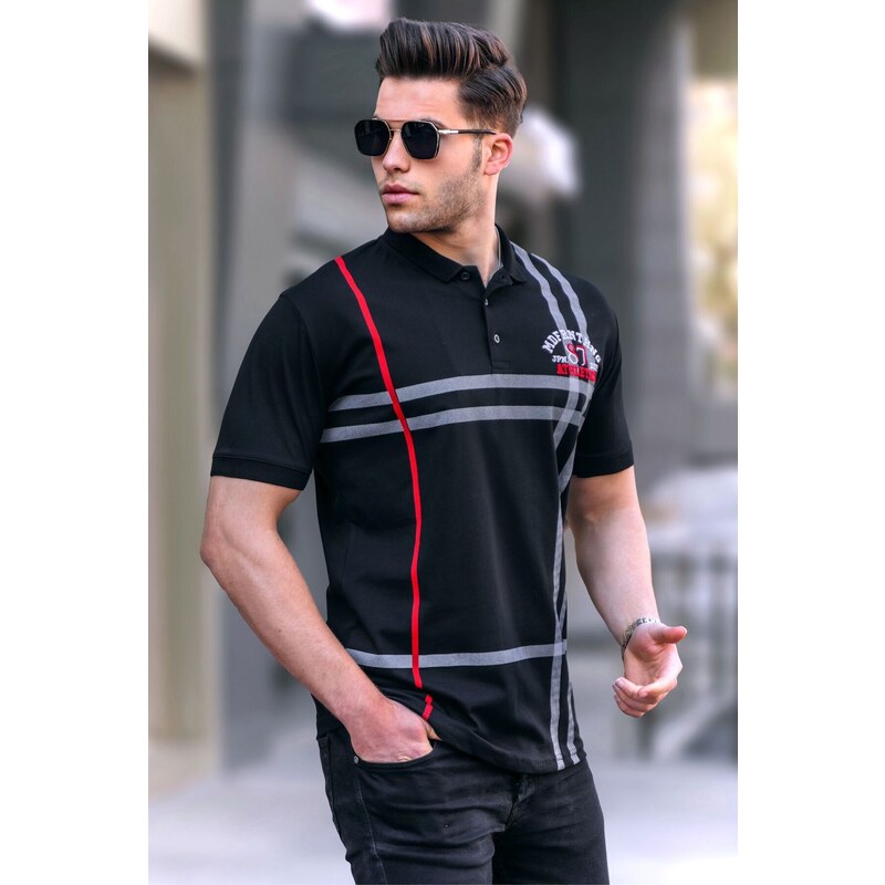 Madmext Black Patterned Polo Neck Men's T-Shirt 5872