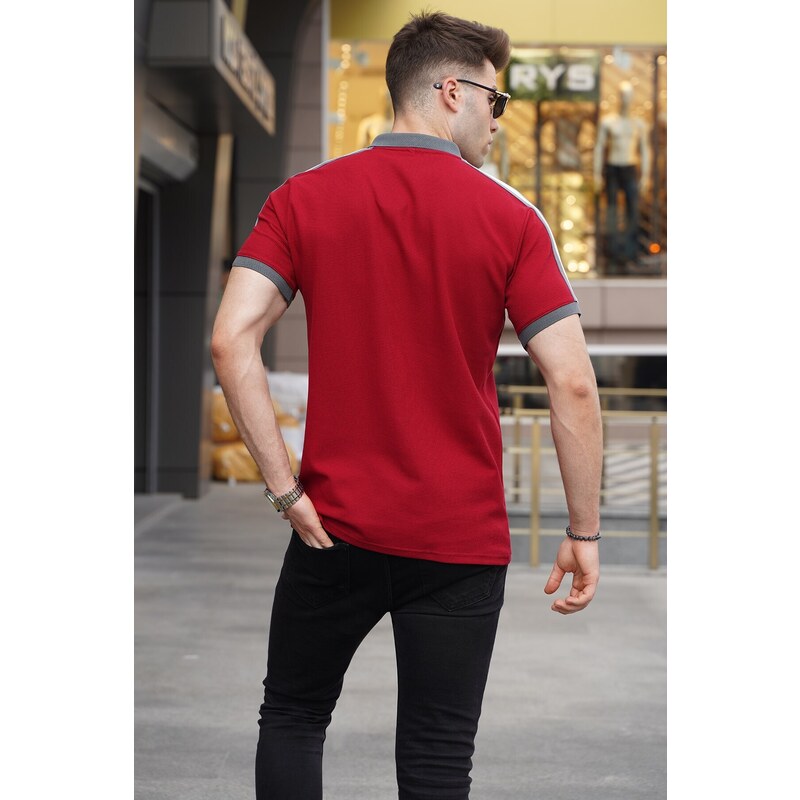 Madmext Burgundy Sleeve Stripe Polo Neck T-Shirt 5888