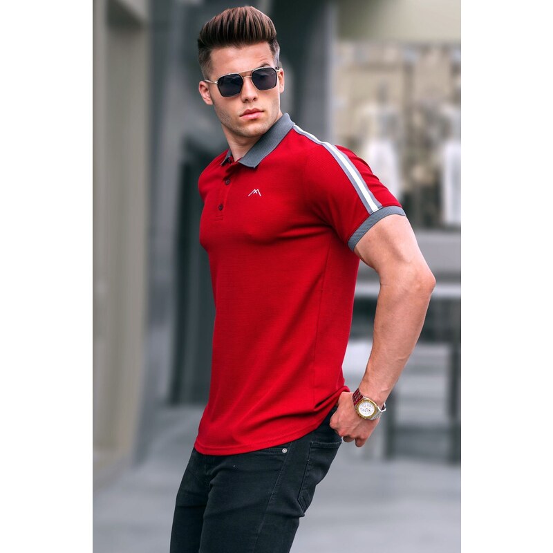 Madmext Burgundy Sleeve Stripe Polo Neck T-Shirt 5888