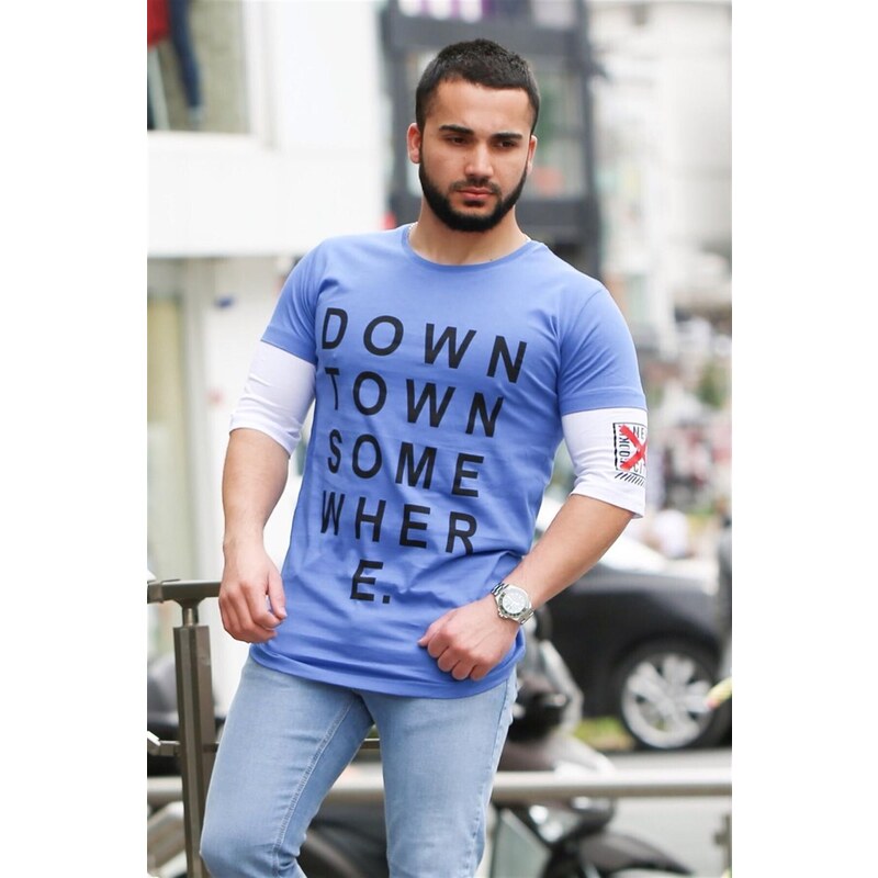 Madmext Printed Sleeve Detailed Saxe Blue T-Shirt