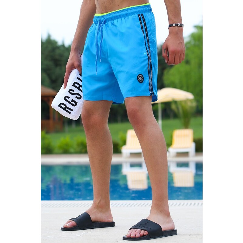 Madmext Embroidered Turquoise Swimming Shorts with Side Stripes 2943