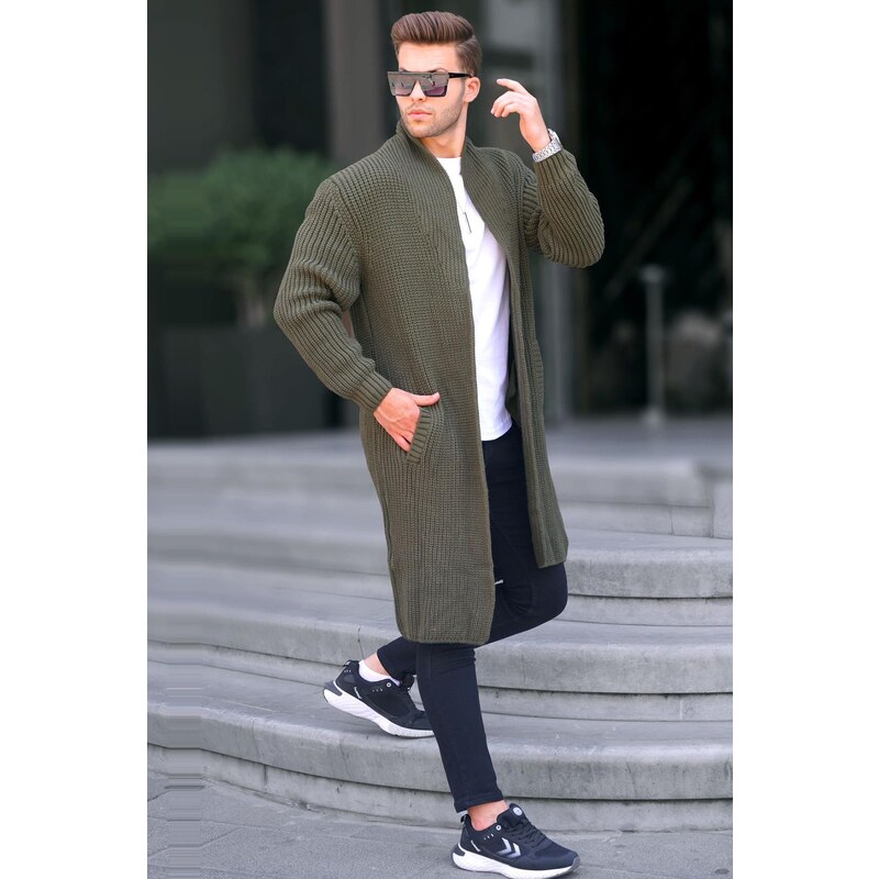 Madmext Khaki Stand-Up Collar Long Knitwear Cardigan With Pocket 6816