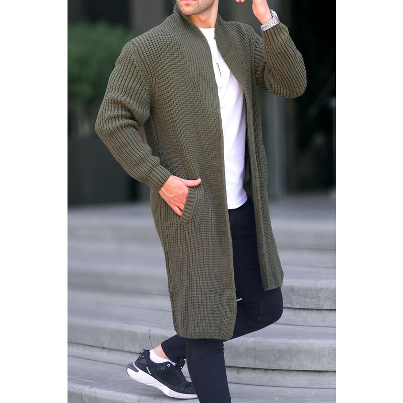 Madmext Khaki Stand-Up Collar Long Knitwear Cardigan With Pocket 6816