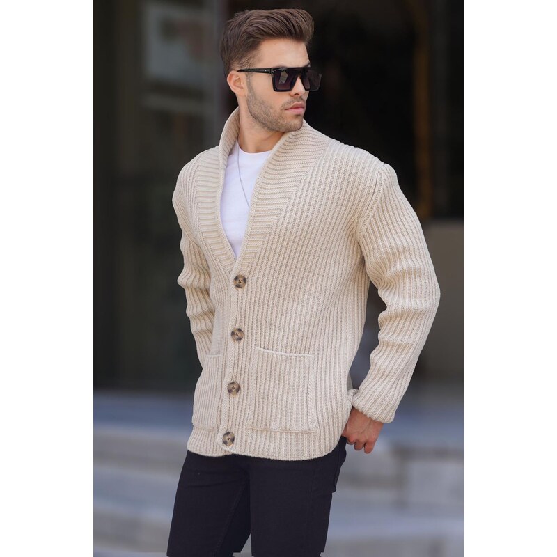 Madmext Stone Color Stand Up Collar Knitwear Cardigan With Pocket 6815